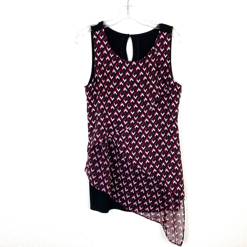 WHBM Women's Asymmetrical Blouse Size S Black Burgundy White Stretch  Office